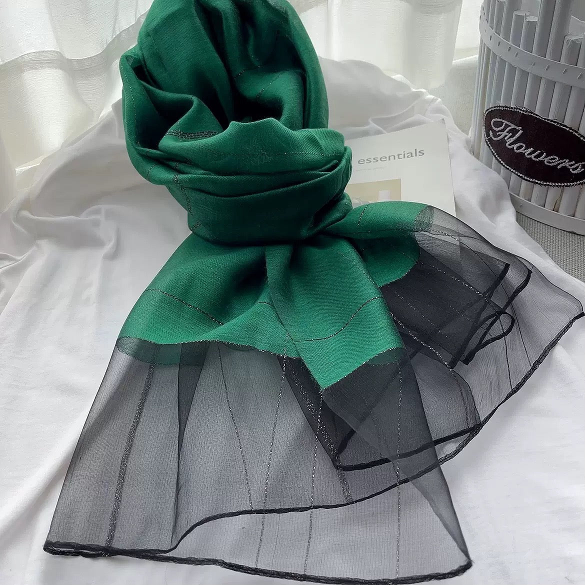 Dark Green Double Layer Spliced Scarf, Shimmer Tulle Long Shawl