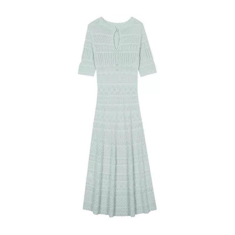 Fresh mint green hollow knit long dress with delicate texture, waist-cinched design for elegant look, great for vacation & daily wear.