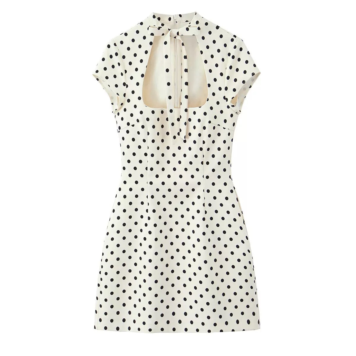 Timeless polka dot mini dress! Cutout neck with bow tie, fitted waist to highlight curves, retro and lively.