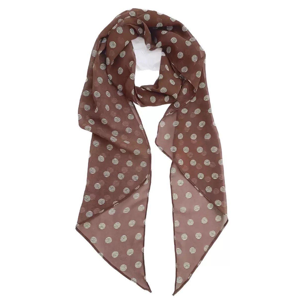 Retro brown polka dot chiffon scarf, lightweight & flowy, multi-way wear to upgrade your outfits.