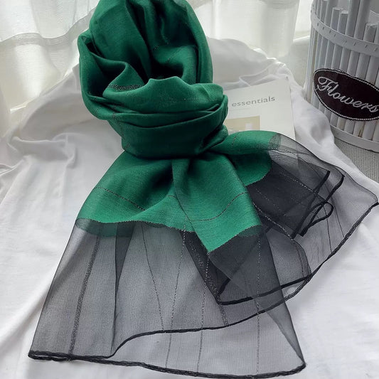 Dark Green Double Layer Spliced Scarf, Shimmer Tulle Long Shawl