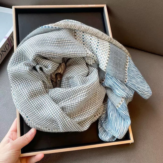 Artistic spliced plaid scarf with mixed retro prints. Soft blue palette, comfy fabric, ideal for daily styling & gift giving.
