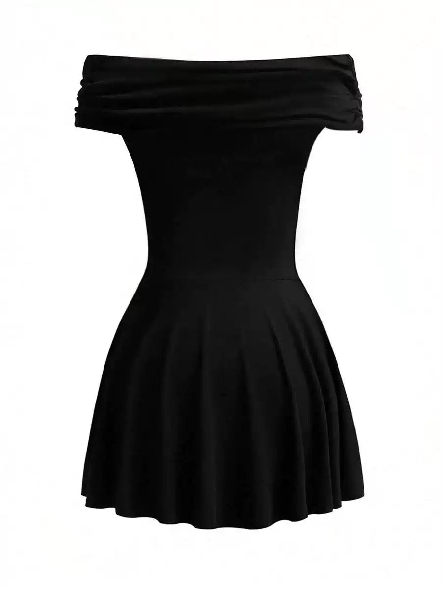 Classic black off-shoulder mini dress with fitted waist & flared hem, accentuate your curves effortlessly.