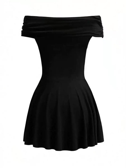 Classic black off-shoulder mini dress with fitted waist & flared hem, accentuate your curves effortlessly.