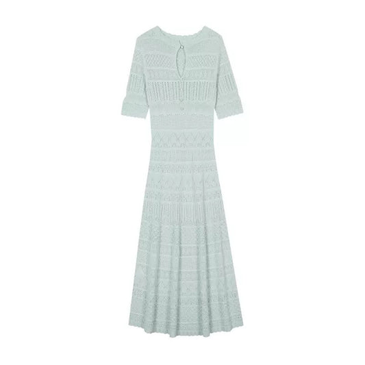 Fresh mint green hollow knit long dress with delicate texture, waist-cinched design for elegant look, great for vacation & daily wear.